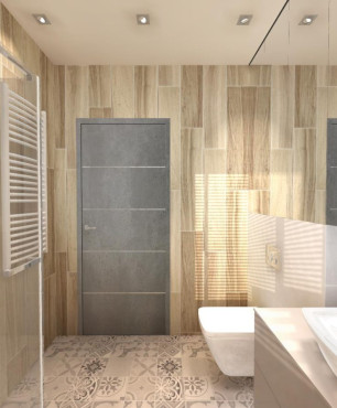 Łazienka z wanną i prysznicem oraz wzorem patchwork na podłodze