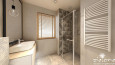 Łazienka z prysznicem z odpływem linowym oraz szarymi płytkami na podłodze