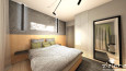 Sypialnia z połową ściany z drewna, a drugą połową z imitacją betonu ozdobnego