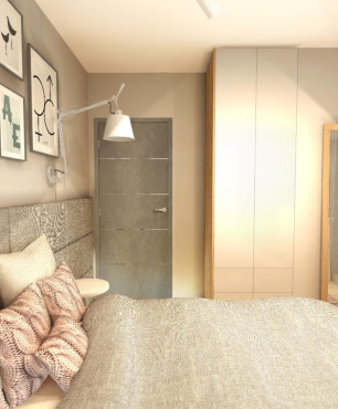 Projekt sypialni z tapicerowaną ścianą oraz wąską szafą w zabudowie
