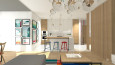 Kuchnia, korytarz i salon w stylu klasycznym z modnymi plakatami na ścianie