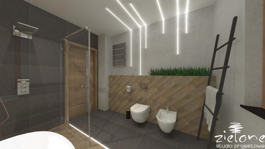 Projekt dużej łazienki z szarymi płytkami na ścianie i podłodze z oświetleniem LED sufitowym
