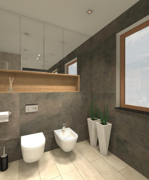 Projekt funkcjonalnej i przestrzennej łazienki z oknem, bidetem, muszlą wiszącą oraz prysznicem