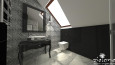 Łazienka na poddaszu z szafką stojącą w stylu glamour oraz owalną umywalką stojącą