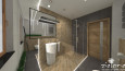 Projekt dużej łazienki z białą umywalką nablatową stojącą oraz narożnym prysznicem