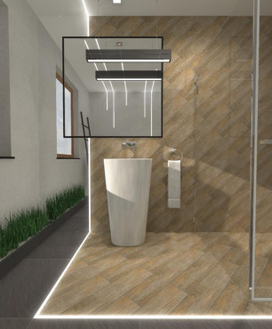 Projekt łazienki z imitacją drewnianych płytek pod prysznicem