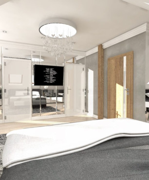 Projekt dużej sypialni na poddaszu z podświetlanym żyrandolem