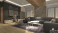 Projekty dużego salonu z imitacją betonu na ścianie z sufitem podwieszanym z oświetleniem LED