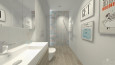 Projekt dużej łazienki z prysznicem oraz obrazkami na ścianie