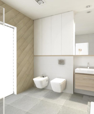 Duża łazienka z imitacją drewnianych płytek na ścianie
