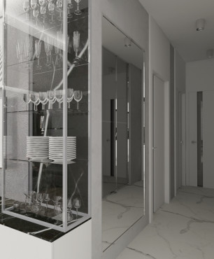Salon ze szklaną witryną oraz betonem ozdobnym na ścianie za telewizorem