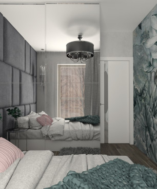 Sypialnia z szarymi panelami tapicerowanymi oraz tapetą na ścianie