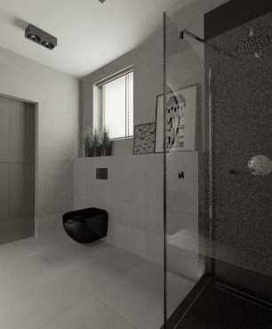 Projekt łazienki z prysznicem oraz oknem w ciemnych barwach
