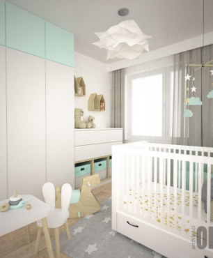 Projekt pokoju dziecięcego z szafą w zabudowie, komoda i łóżeczkiem