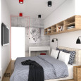 Projekt małej sypialni z białym biurkiem oraz z tapicerowanym łóżkiem z zagłówkiem
