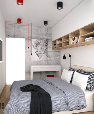Projekt małej sypialni z białym biurkiem oraz z tapicerowanym łóżkiem z zagłówkiem