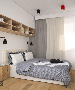 Projekt sypialni z tapicerowanym zagłówkiem oraz drewnianą szafką, otwartą zamontowaną nad łóżkiem