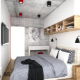 Projekt sypialni z betonem ozdobnym na suficie oraz na jednej ze ścian oraz z kinkietami i punktowym oświetleniem