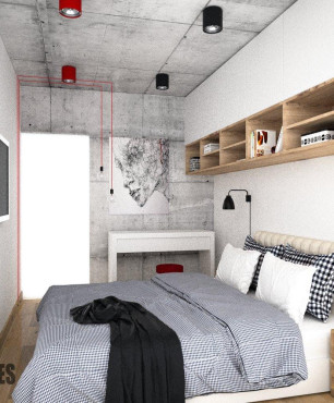 Projekt sypialni z betonem ozdobnym na suficie oraz na jednej ze ścian oraz z kinkietami i punktowym oświetleniem