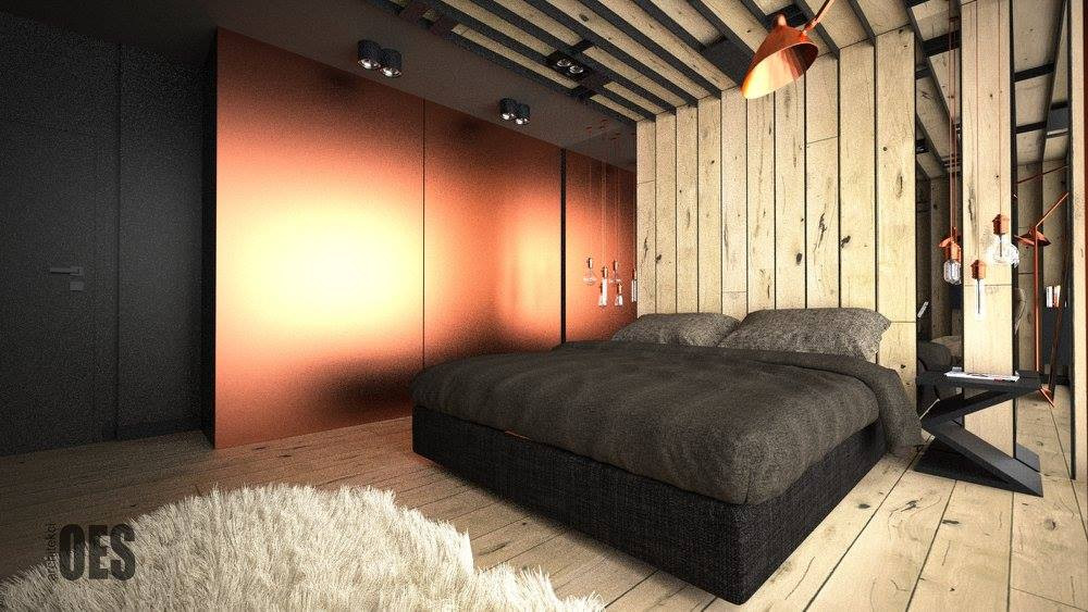 Projekt sypialni w stylu industrialnym z drewnem