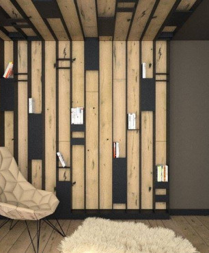 Projekt sypialni z z beżowym fotelem oraz z pomysłowymi półkami na ścianie