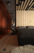 Projekt sypialni z drewnem na ścianie, modnym oświetleniem sufitowym