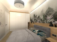 Sypialnia z tapetą i drewnem na ścianie oraz oświetleniem Led