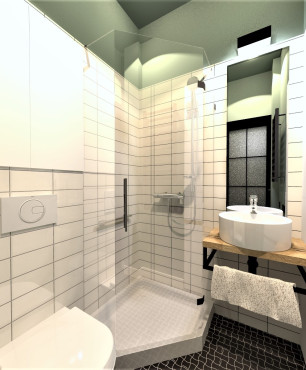 Projekt łazienki z prysznicem narożnym z drzwiami wahadłowymi