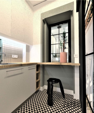 Projekt małej kuchni z płytkami na podłodze ze wzorem w kolorze biało-czarnym