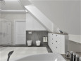 Łazienka o dużej przestrzeni ze skosem, muszlą wiszącą, bidetem, prysznicem oraz wanną