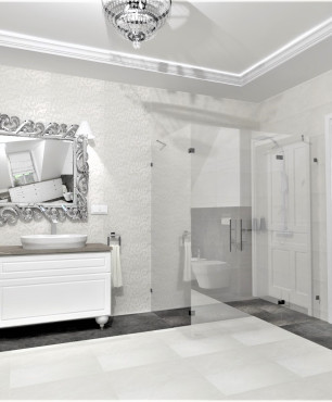 Duża łazienka w stylu modern classic  z białą komodą stojącą z dwoma umywalkami nablatowymi