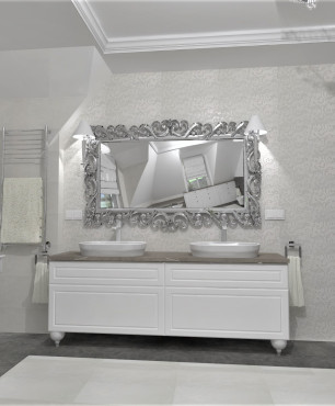 Projekt dużej łazienki z oknem, pięknym ozdobnym lustrem w srebrnej ramie oraz z toaletką