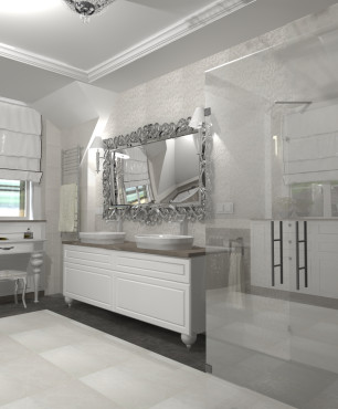 Projekt dużej łazienki z toaletką, dwoma umywalkami nablatowymi, z oknem z białą roletą rzymską