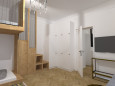 Salon z meblami z drewnianym frontem  oraz z telewizorem na ścianie