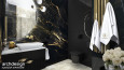 Łazienka w czarnej odsłonie ze złotym spiekiem kwarcowym na płytkach gresowych