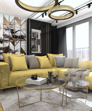 Duży, nowoczesny salon z żółta sofą oraz dwoma szklanymi stolikami kawowymi