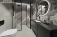Projekt łazienki z prysznicem z drzwiami uchylnymi oraz słuchawką podtynkową