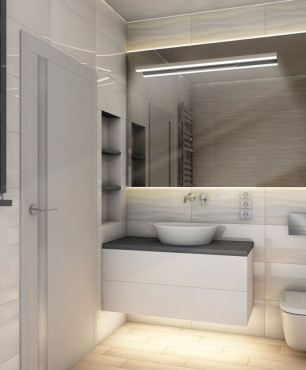 Projekt łazienki z białymi, prostokątnymi płytkami na ścianie, białą szafką wisząca oraz ceramiczną muszlą