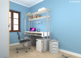 Projekt z niebieskim kolorem na ścianie oraz z oryginalnym biurkiem