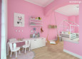 Pokój dziecięcy z różowym kolorem ścian, huśtawką, łóżkiem domek