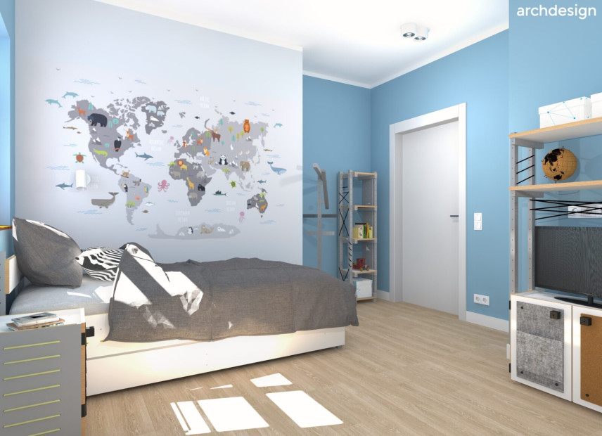 Pokój młodzieżowy z tapetą z mapą świata na ścianie