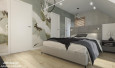 Projekt sypialni z łóżkiem kontynentalnym, tapicerowanym, kinkietami oraz tapetą w duże, białe ptaki na ścianie