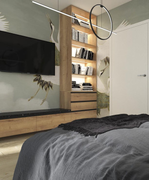 Projekt sypialni z telewizorem oraz tapetą w białe ptaki na ścianie