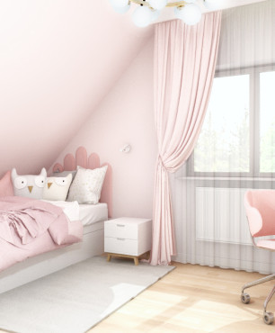 Projekt pokoju dziewczynki na poddaszu z różowymi zasłonami, białymi meblami