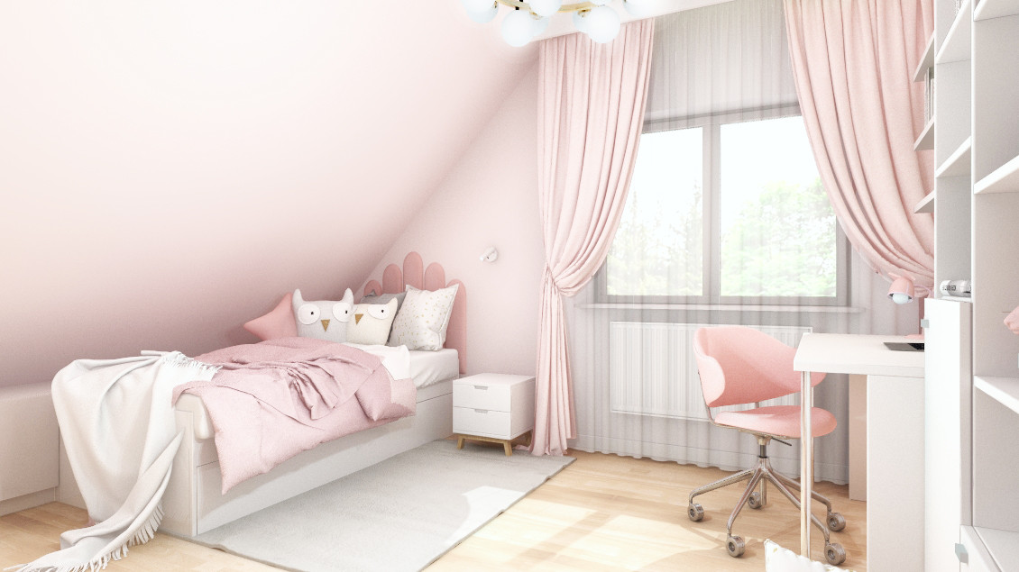 Projekt pokoju dziewczynki na poddaszu z różowymi zasłonami, białymi meblami