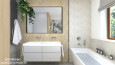 Projekt łazienki z imitacją drewna na ścianie, prostokątnym lustrem, wanną w zabudowie dwoma umywalkami nablatowymi oraz dwoma kranami