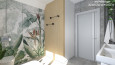 Projekt łazienki z tapetą z motywem florystycznym na ścianie