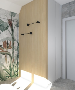 Projekt łazienki z tapetą z motywem florystycznym na ścianie