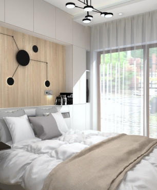 Projekt sypialni z drewnem na ścianie oraz z zabudowanymi szafkami nad łóżkiem