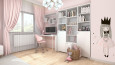 Projekt pokoju małej książeczki z meblami w zabudowie, biurkiem, tapetą na ścianie oraz różowymi zasłonami